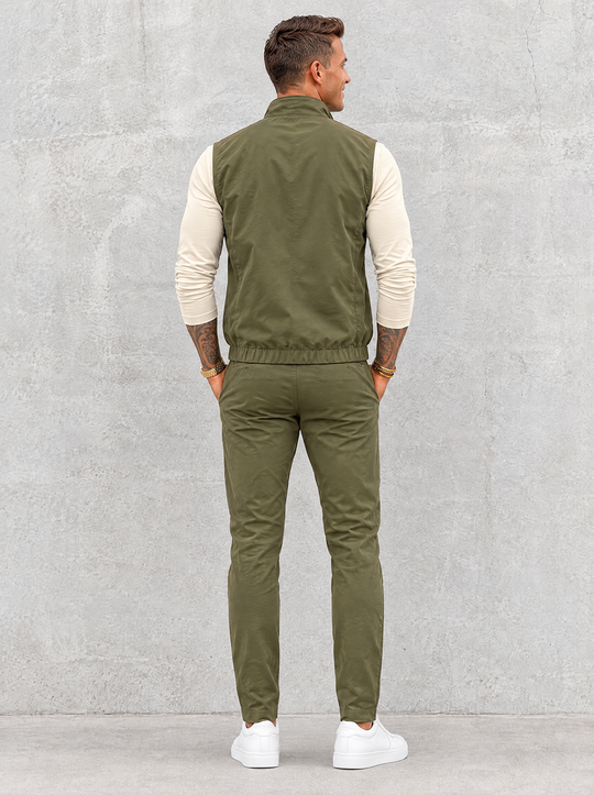 Massimo Gilet Set with Long Sleeve - Beige Top & Olive Green Pants