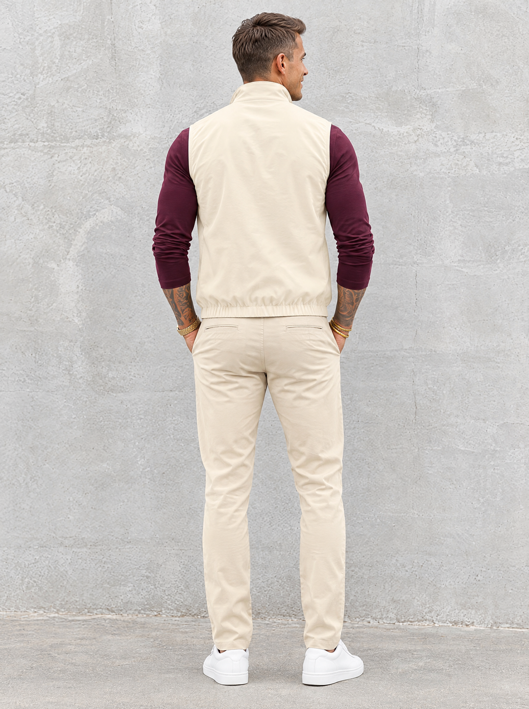Massimo Gilet Set with Long Sleeve - Burgundy Top & Beige Pants