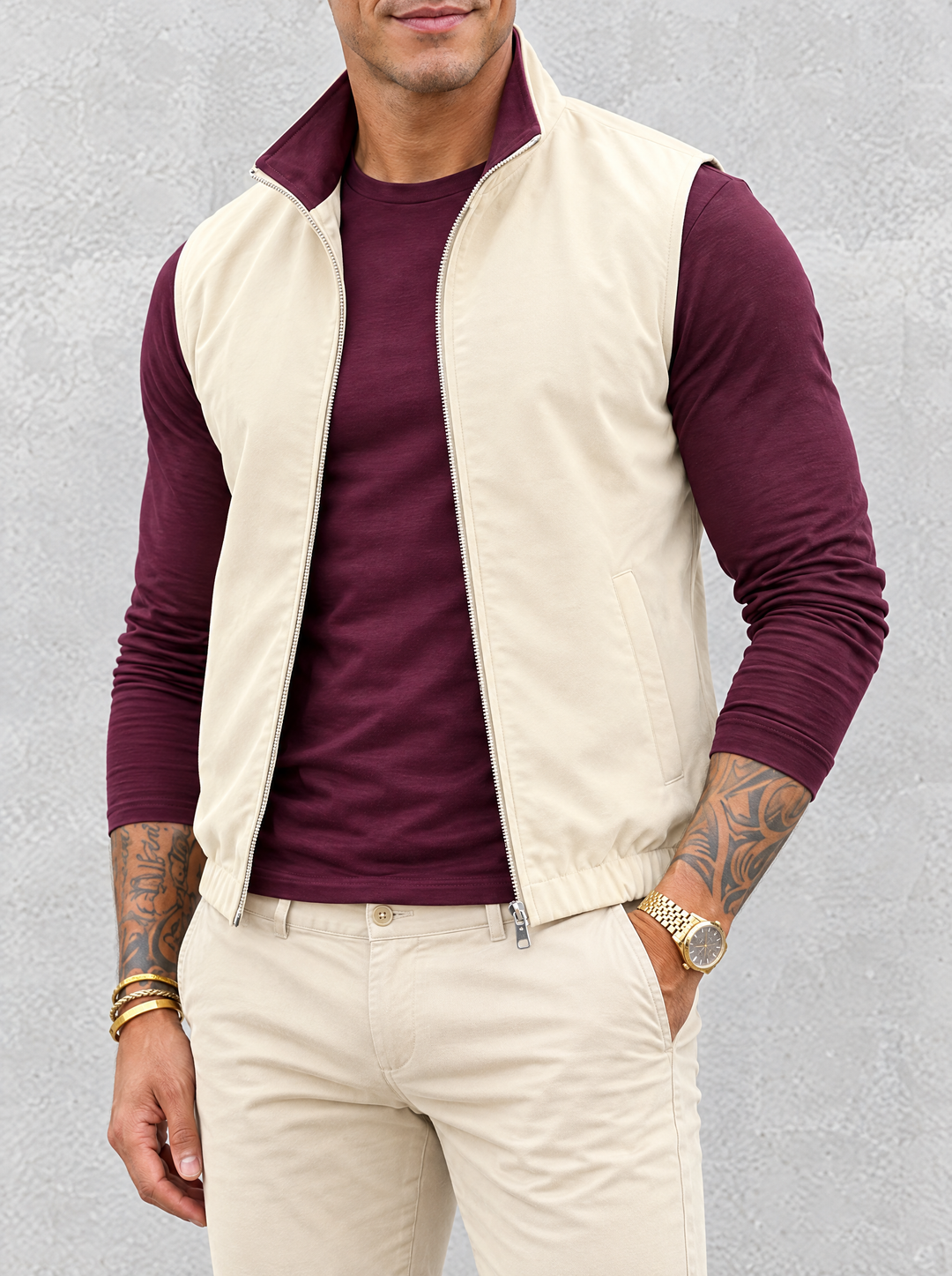 Massimo Gilet Set with Long Sleeve - Burgundy Top & Beige Pants