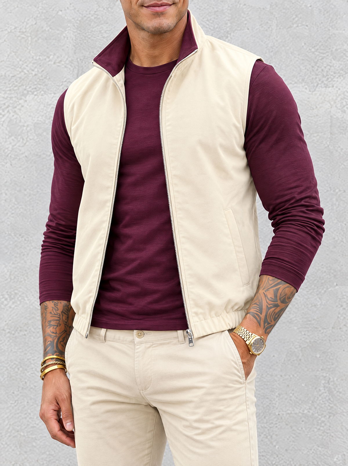 Massimo Gilet Set with Long Sleeve - Burgundy Top & Beige Pants