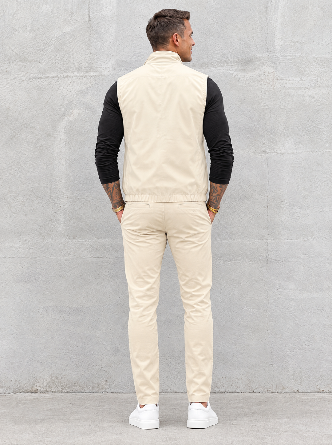 Massimo Gilet Set with Long Sleeve - Black Top & Beige Pants