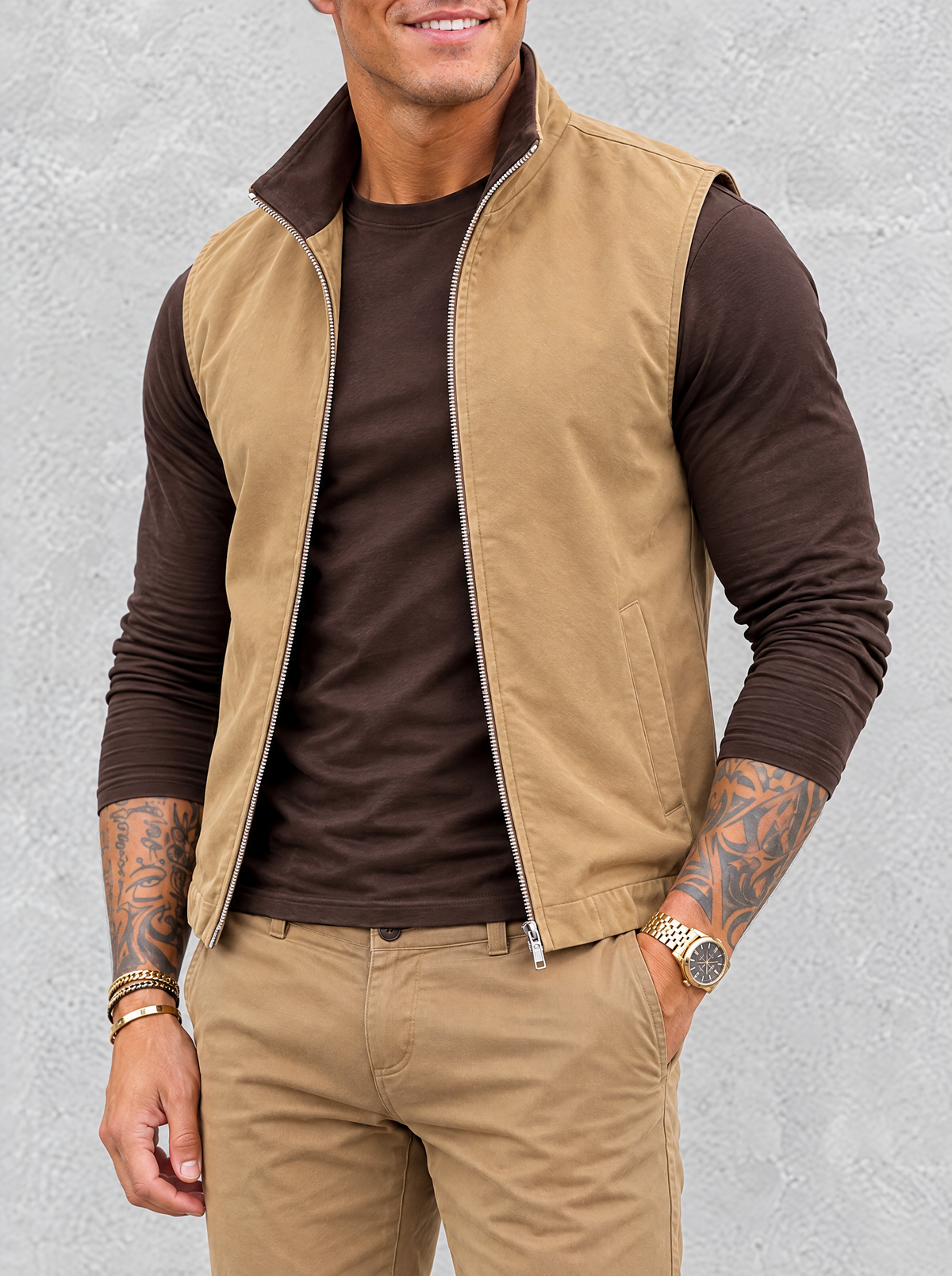 Massimo Gilet Set with Long Sleeve - Dark Brown Top & Khaki Pants