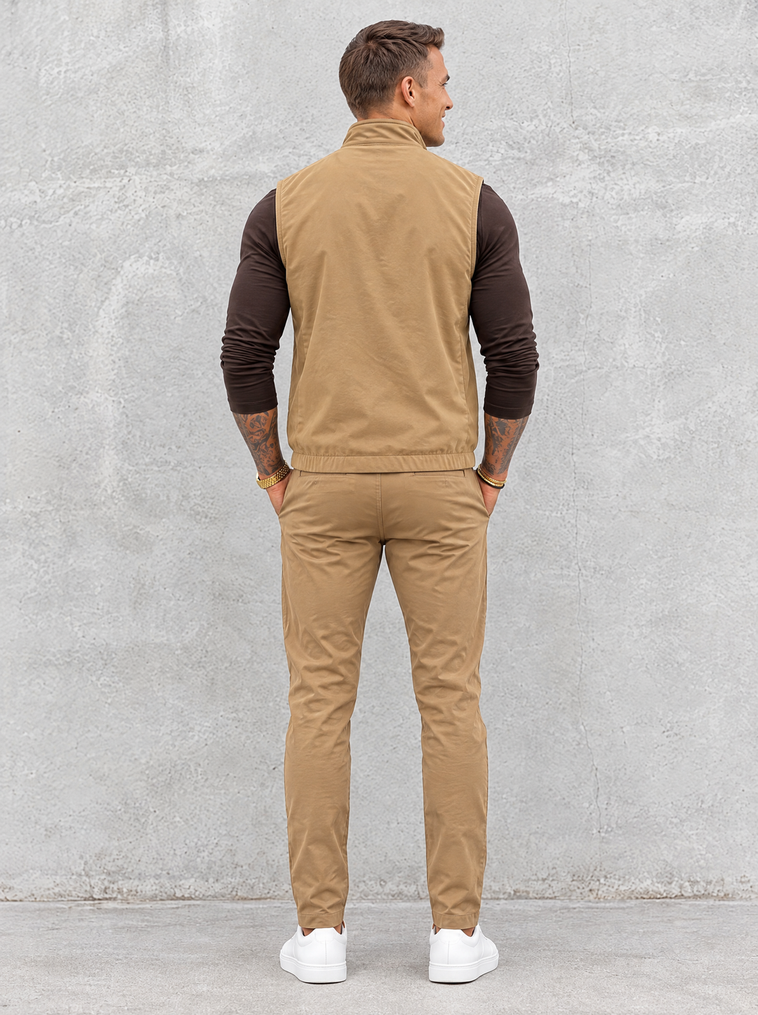 Massimo Gilet Set with Long Sleeve - Dark Brown Top & Khaki Pants