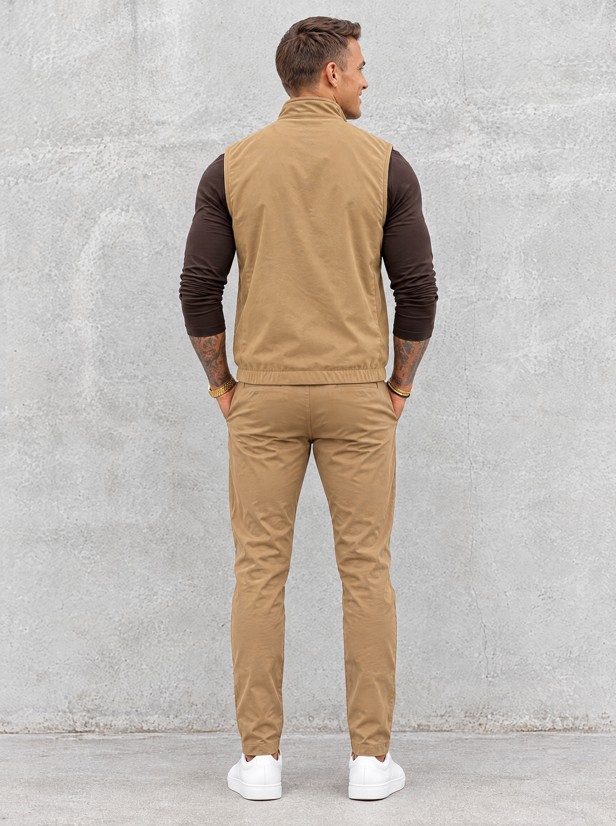Massimo Gilet Set with Long Sleeve - Dark Brown Top & Khaki Pants