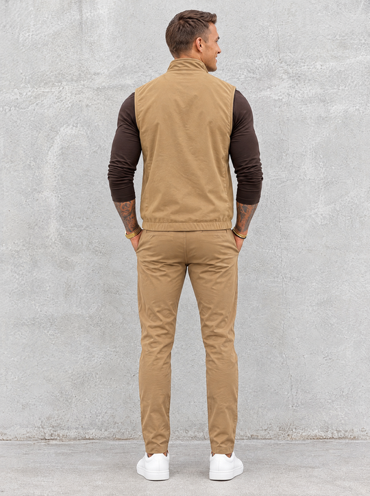 Massimo Gilet Set with Long Sleeve - Dark Brown Top & Khaki Pants