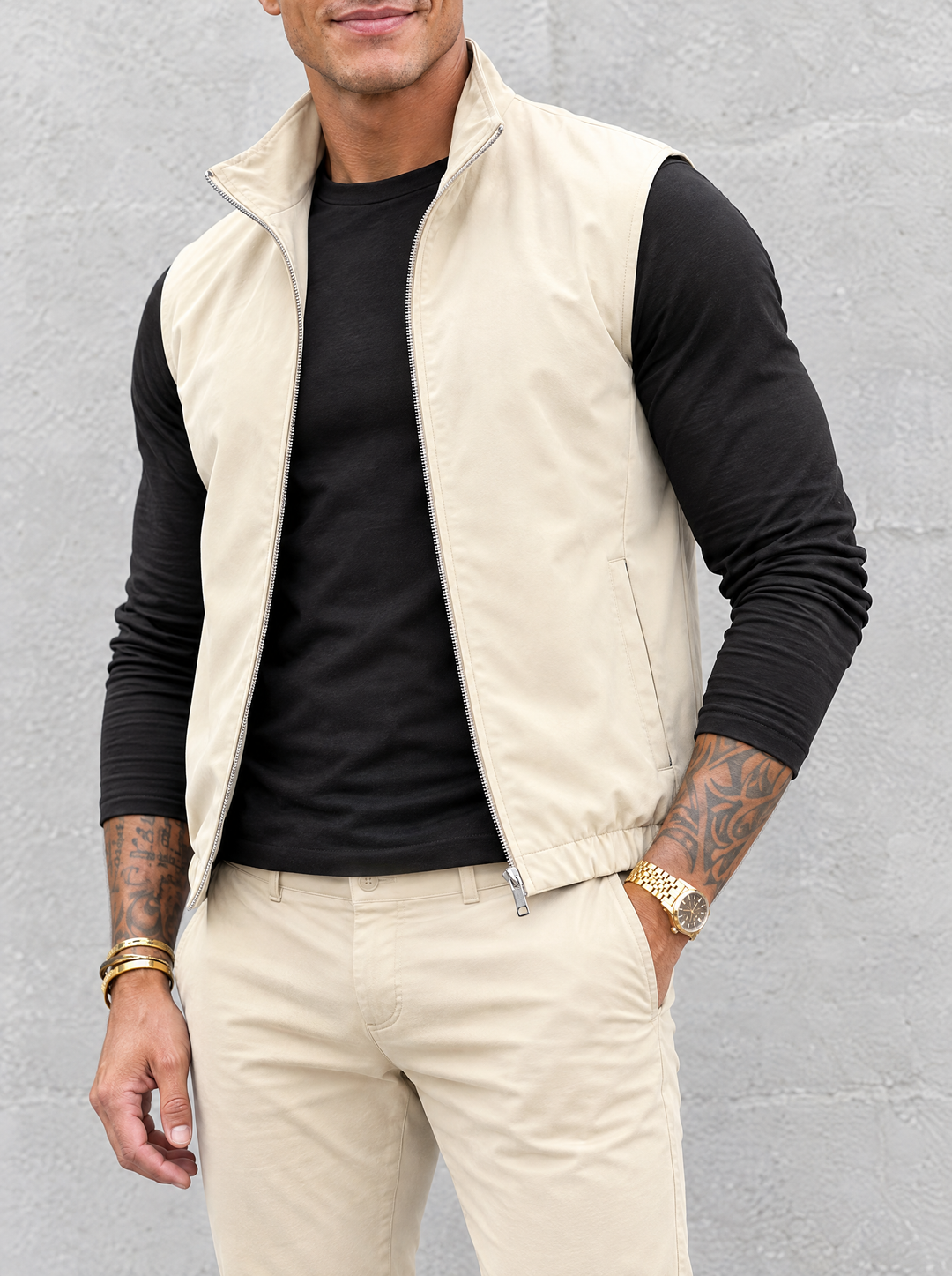 Massimo Gilet Set with Long Sleeve - Black Top & Beige Pants