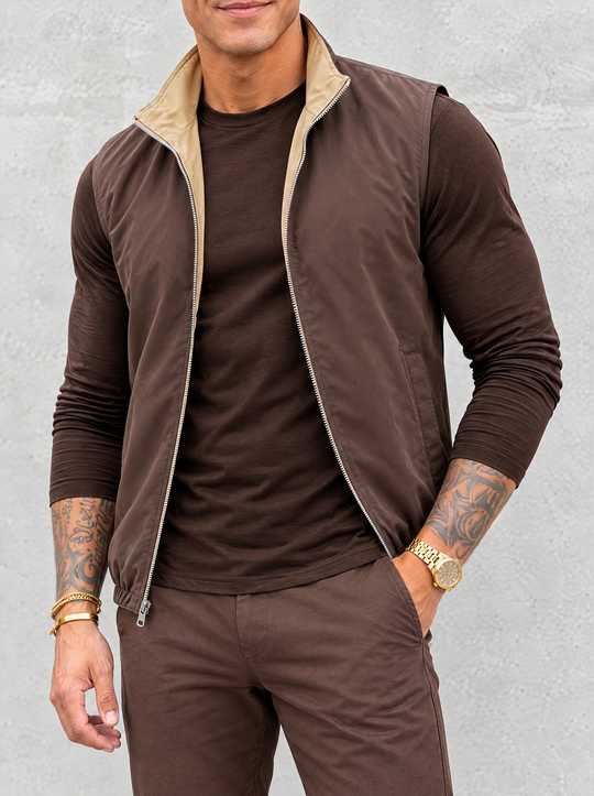 Massimo Gilet Set with Long Sleeve - Dark Brown Top & Brown Pants