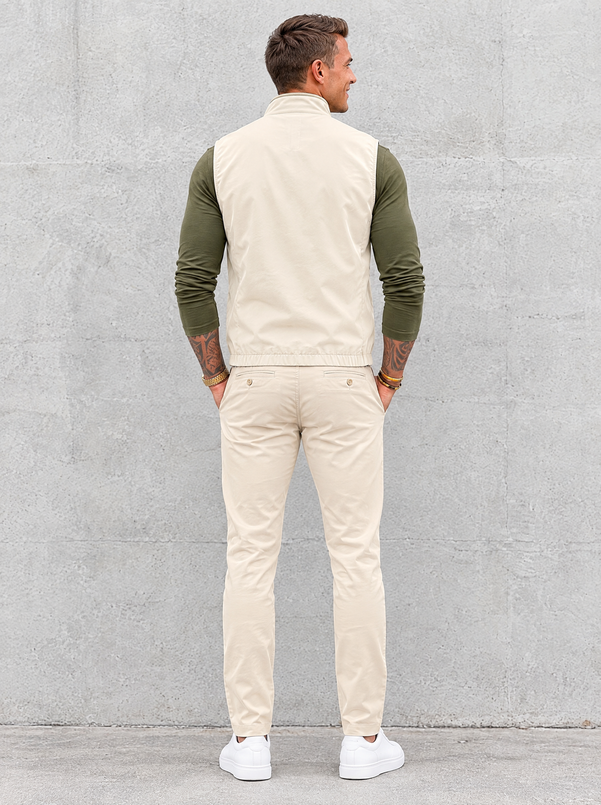 Massimo Gilet Set with Long Sleeve - Olive Green Top & Beige Pants