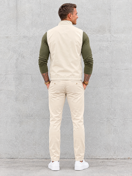 Massimo Gilet Set with Long Sleeve - Olive Green Top & Beige Pants