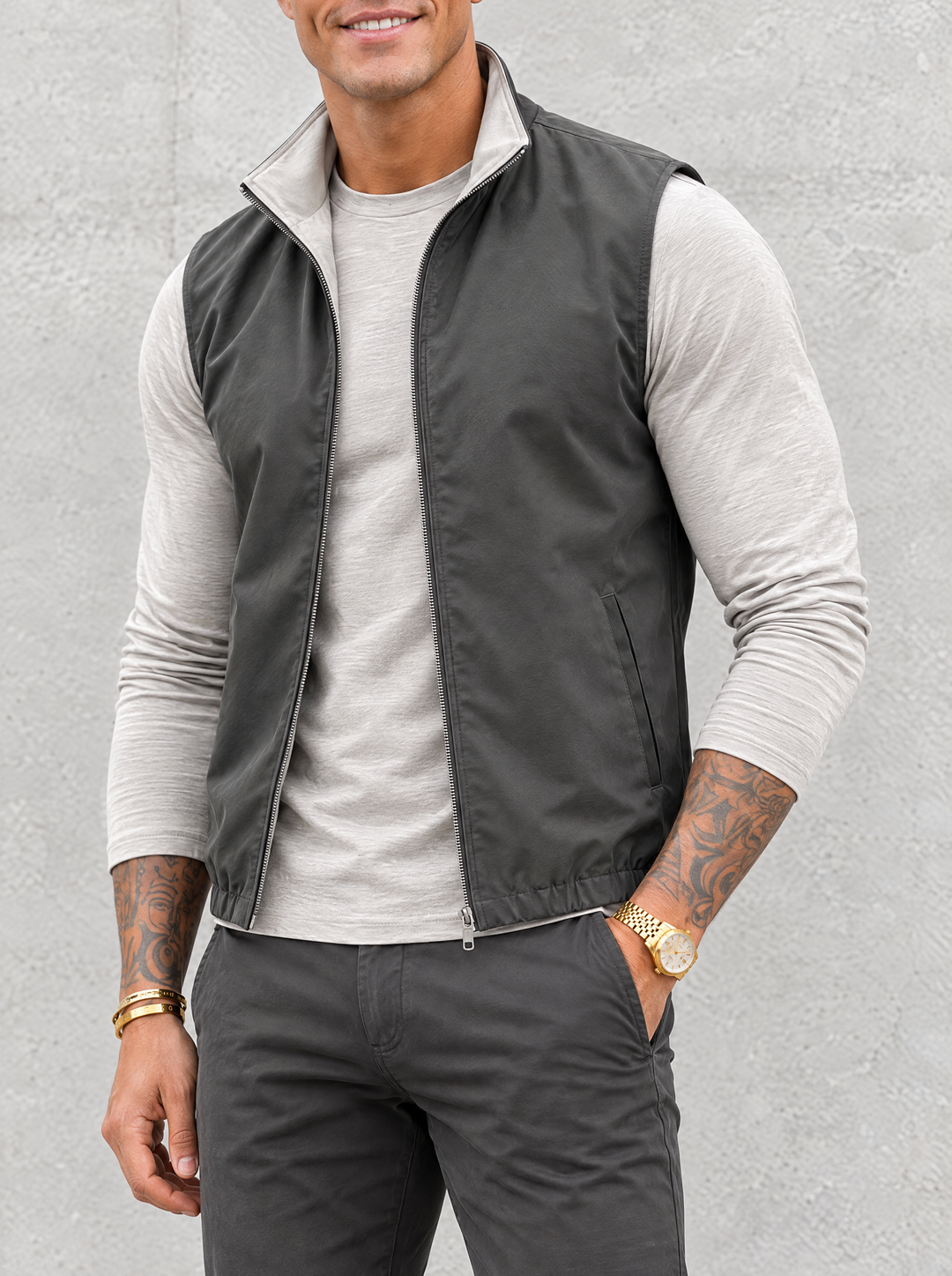 Massimo Gilet Set with Long Sleeve - Light Grey Top & Dark Grey Pants
