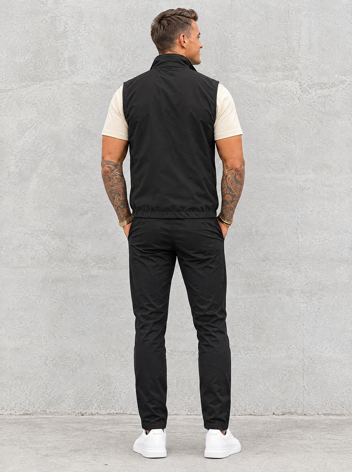 Massimo Gilet Set with T-Shirt - Beige Top & Black Pants