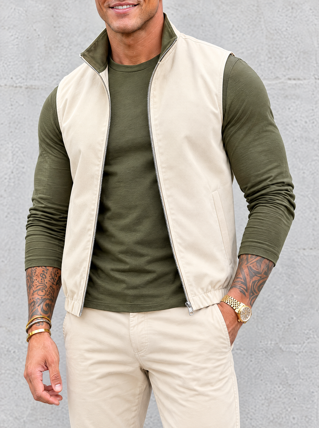 Massimo Gilet Set with Long Sleeve - Olive Green Top & Beige Pants