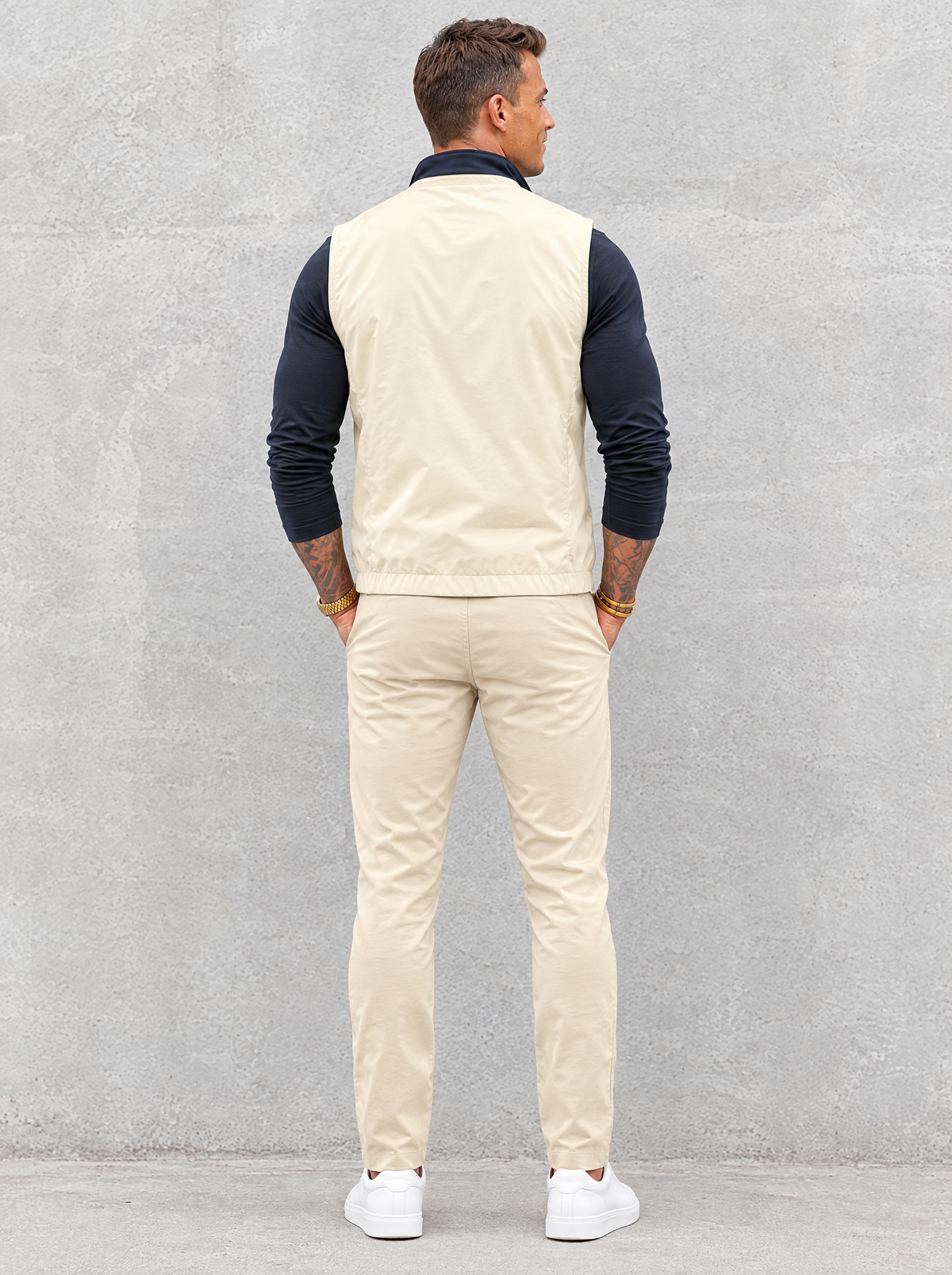 Massimo Gilet Set with Long Sleeve - Navy Blue Top & Beige Pants