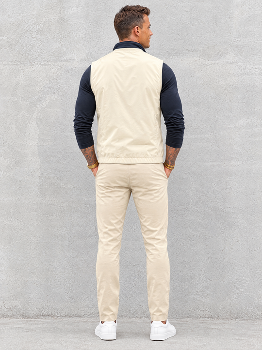 Massimo Gilet Set with Long Sleeve - Navy Blue Top & Beige Pants