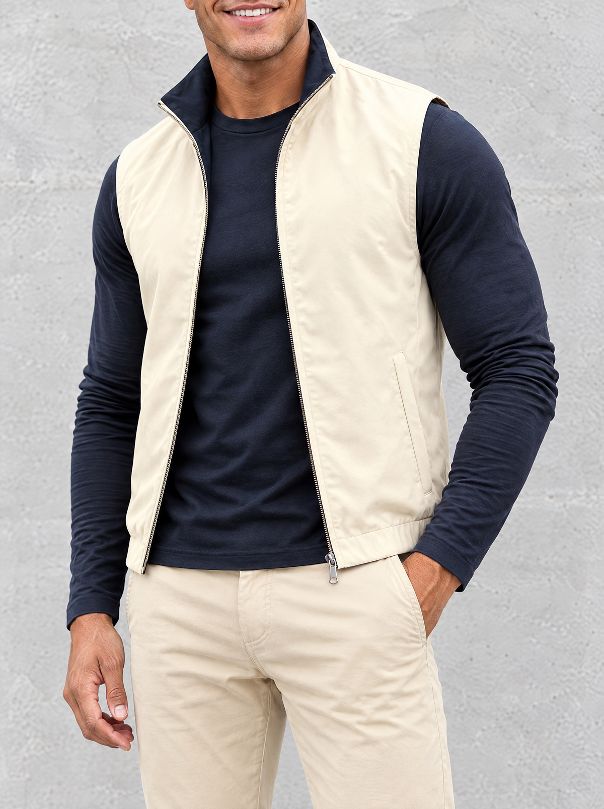 Massimo Gilet Set with Long Sleeve - Navy Blue Top & Beige Pants