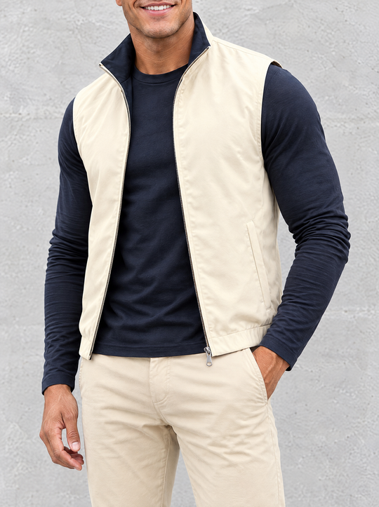 Massimo Gilet Set with Long Sleeve - Navy Blue Top & Beige Pants