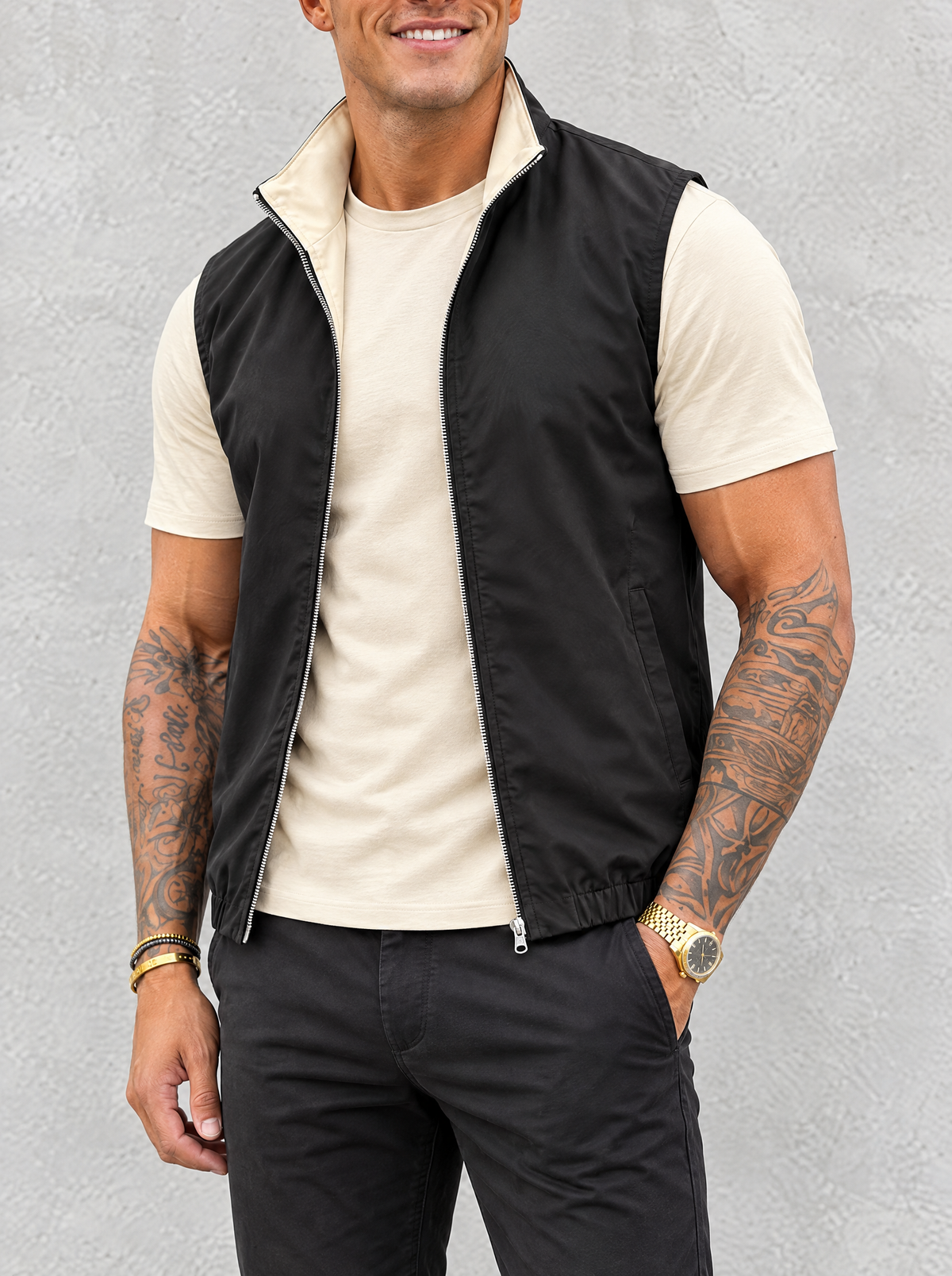Massimo Gilet Set with T-Shirt - Beige Top & Black Pants