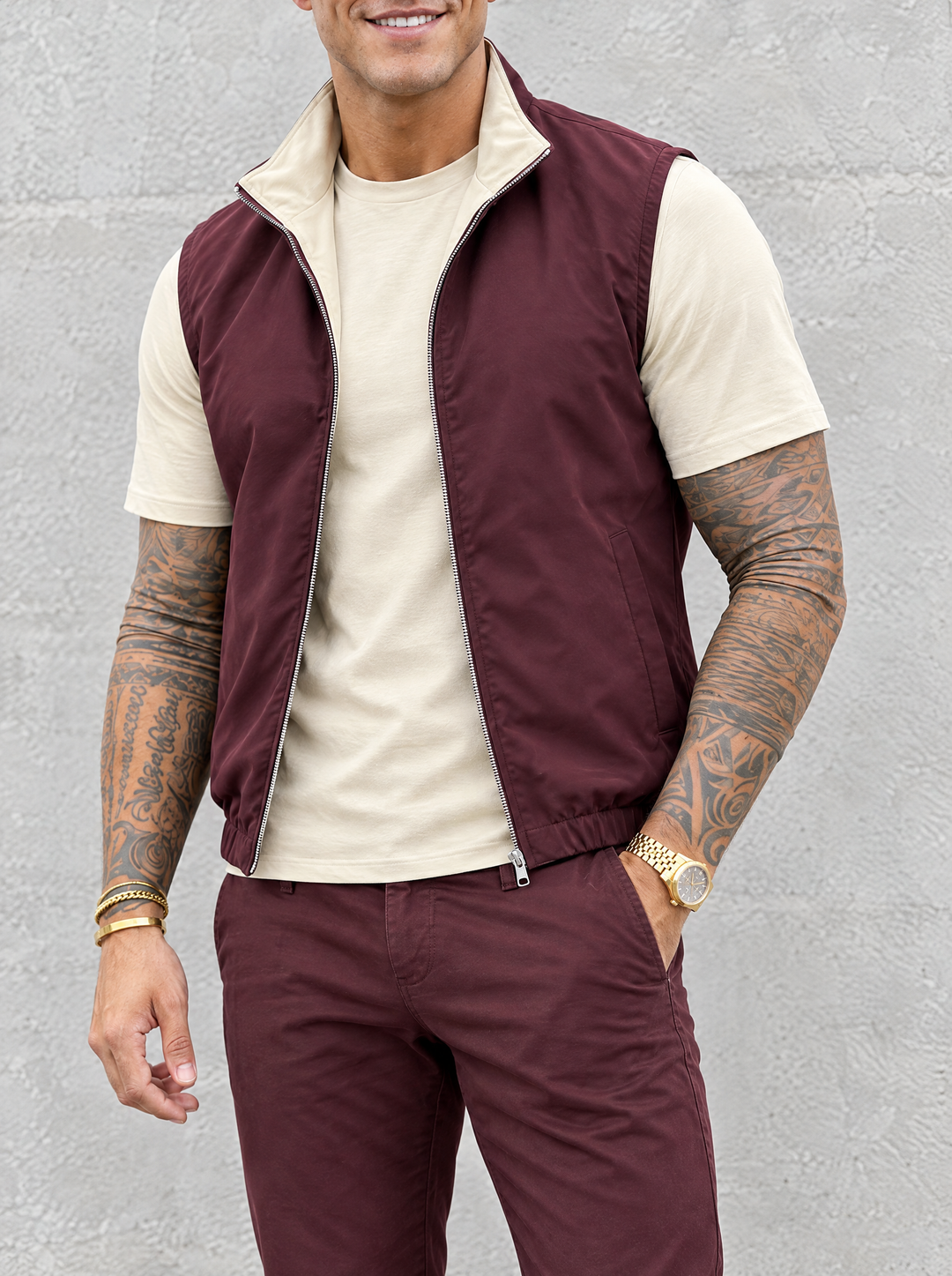 Massimo Gilet Set with T-Shirt - Beige Top & Burgundy Pants