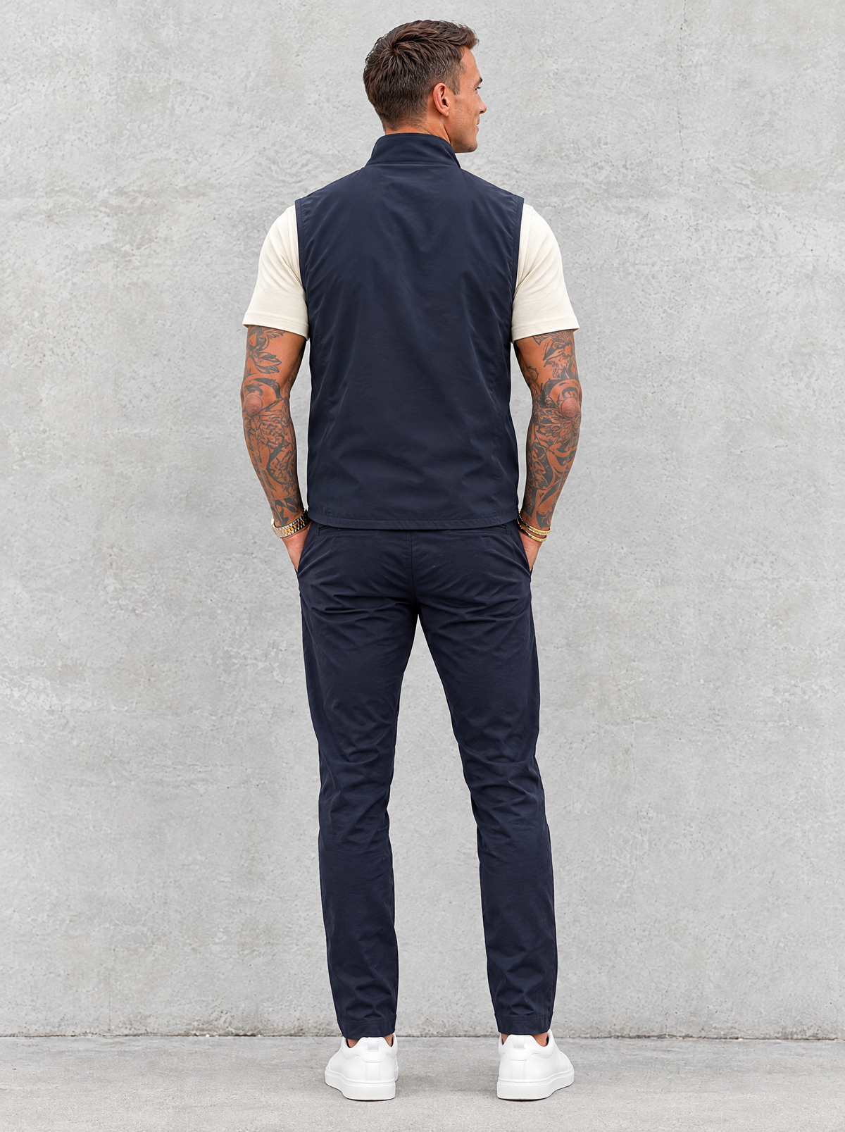 Massimo Gilet Set with T-Shirt - Beige Top & Navy Blue Pants