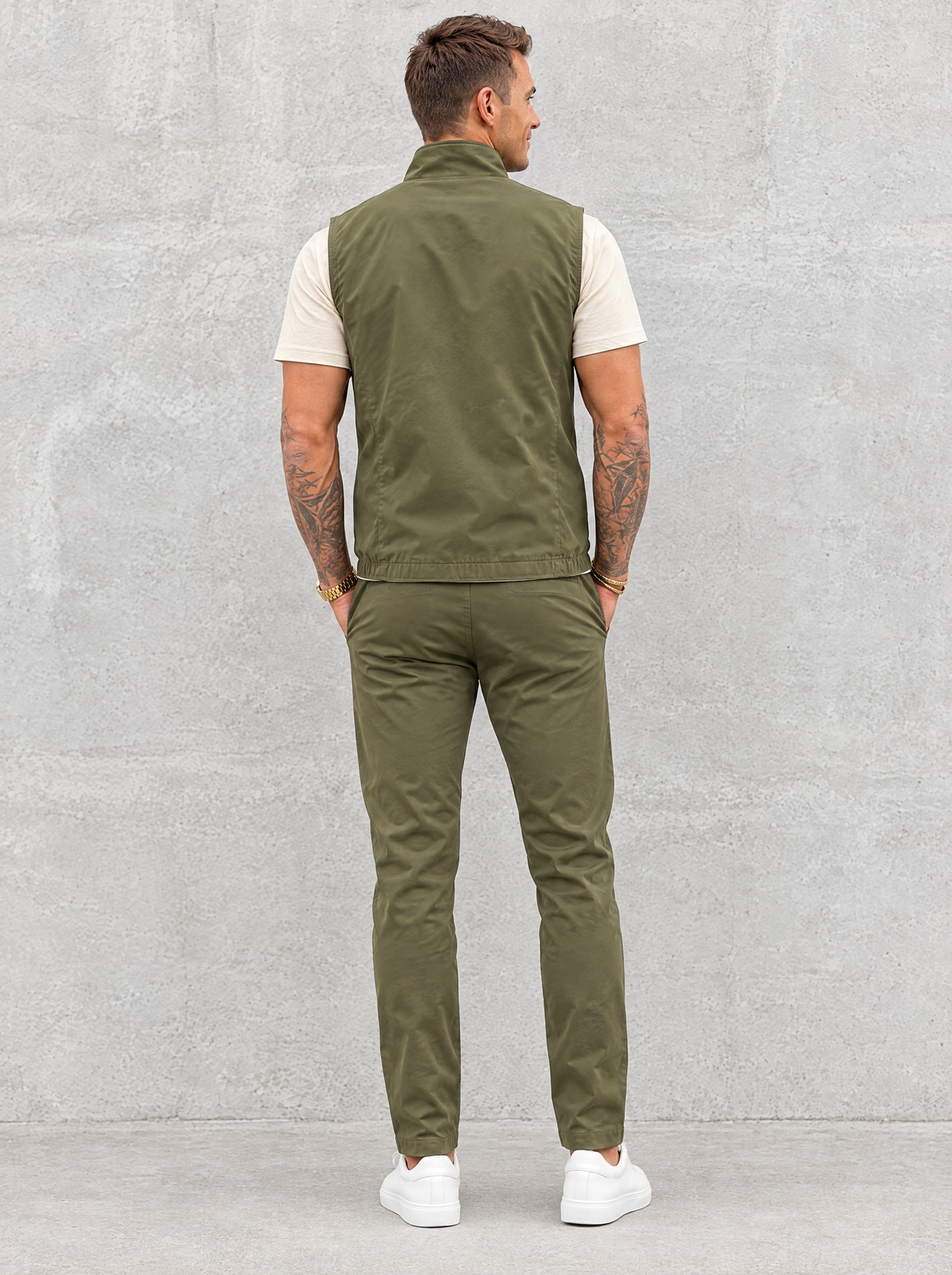 Massimo Gilet Set with T-Shirt - Beige Top & Olive Green Pants