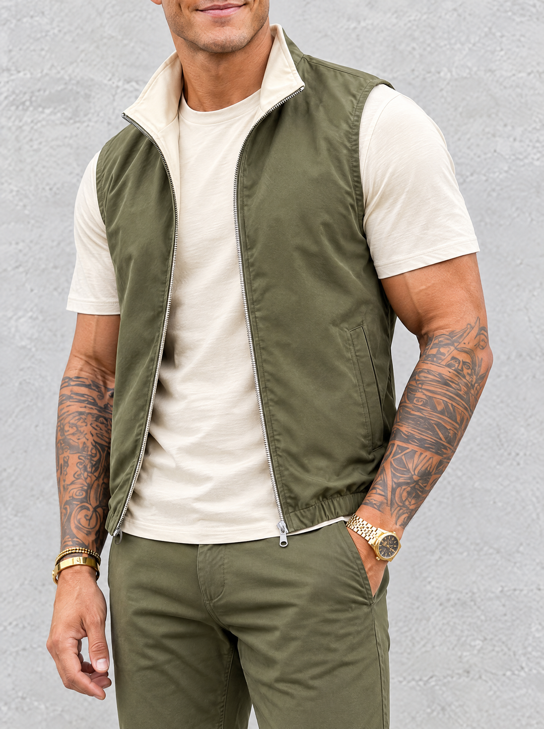 Massimo Gilet Set with T-Shirt - Beige Top & Olive Green Pants