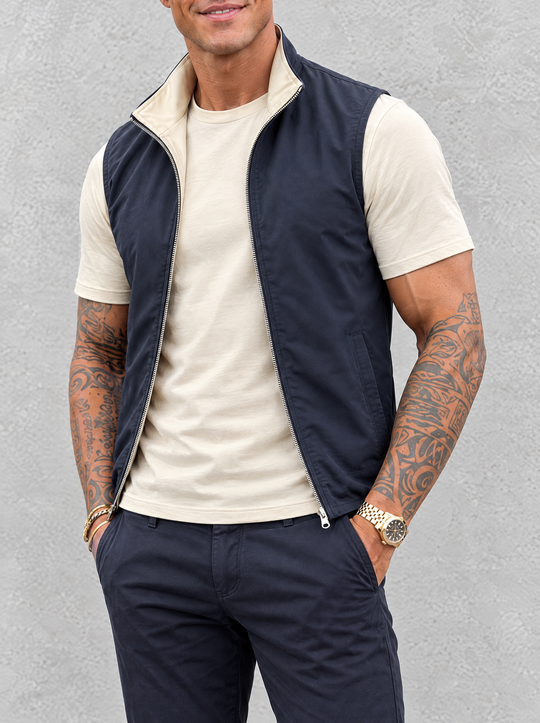 Massimo Gilet Set with T-Shirt - Beige Top & Navy Blue Pants