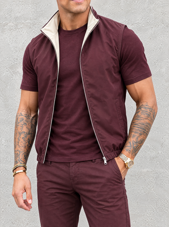 Massimo Gilet Set with T-Shirt - Burgundy Top & Burgundy Pants