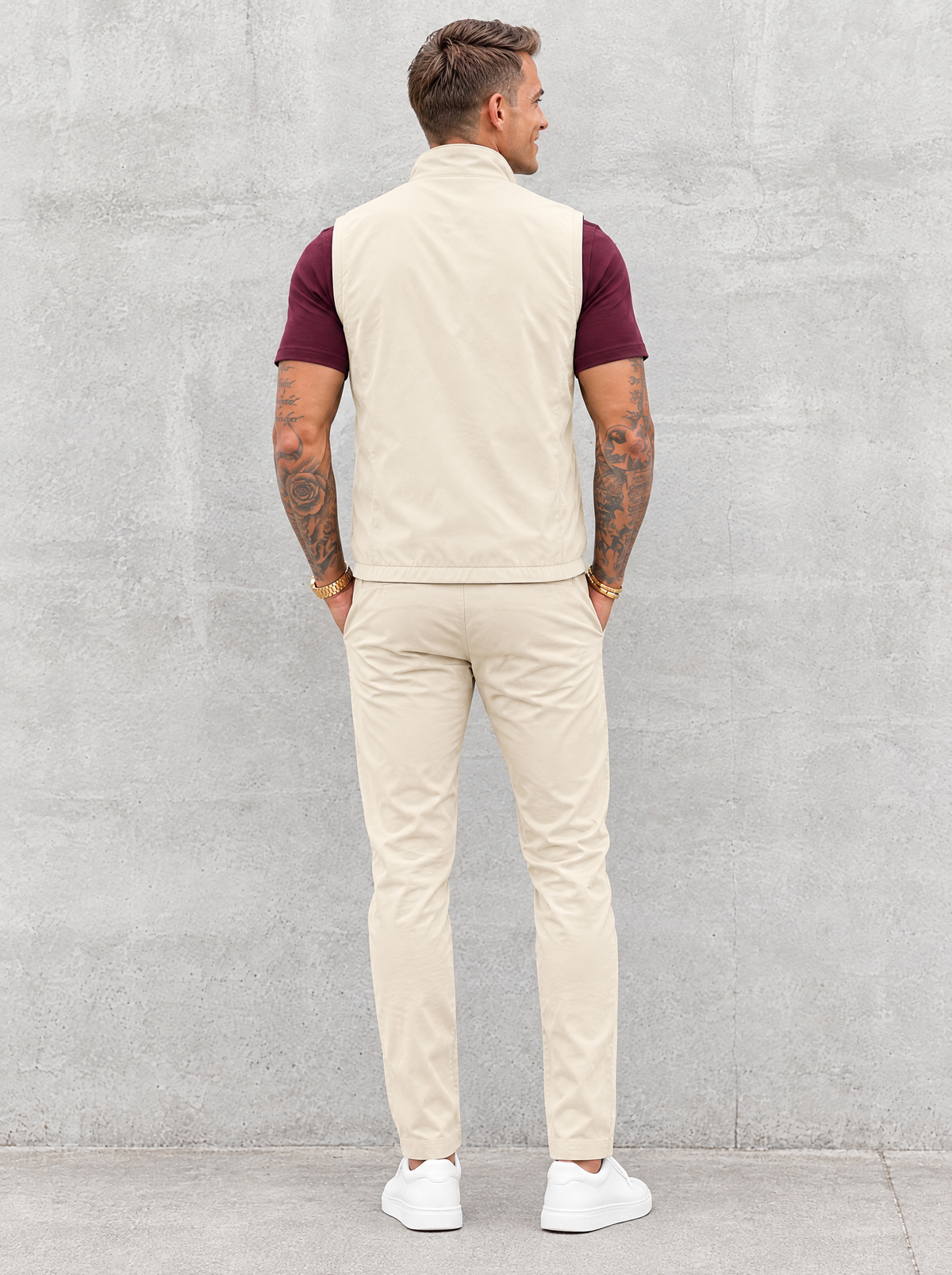 Massimo Gilet Set with T-Shirt - Burgundy Top & Beige Pants