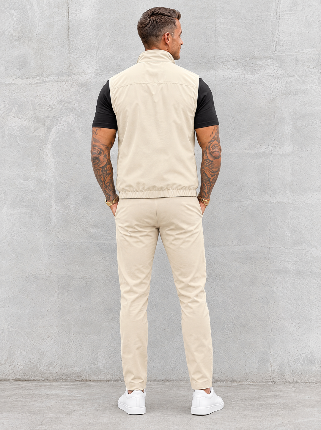 Massimo Gilet Set with T-Shirt - Black Top & Beige Pants