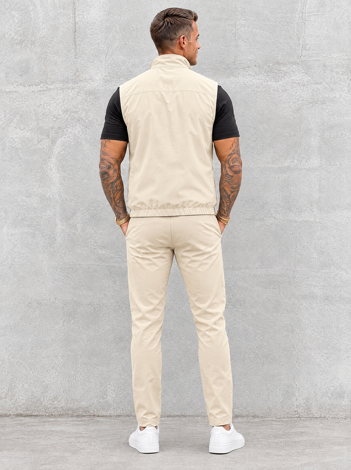 Massimo Gilet Set with T-Shirt - Black Top & Beige Pants