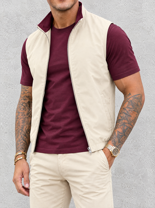 Massimo Gilet Set with T-Shirt - Burgundy Top & Beige Pants