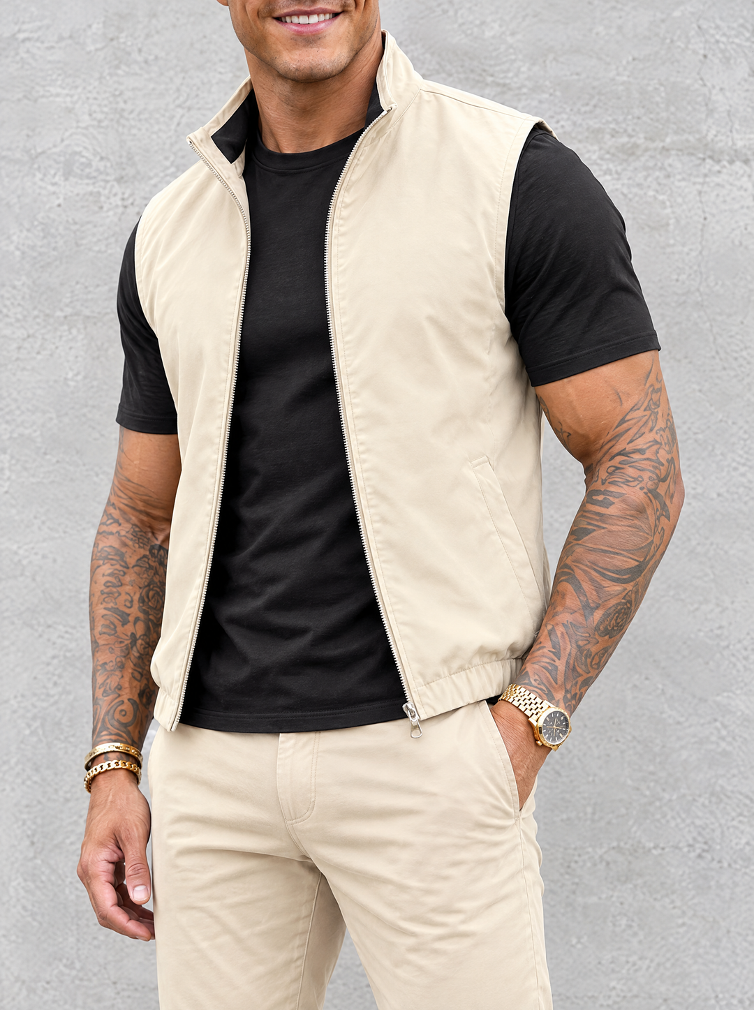 Massimo Gilet Set with T-Shirt - Black Top & Beige Pants