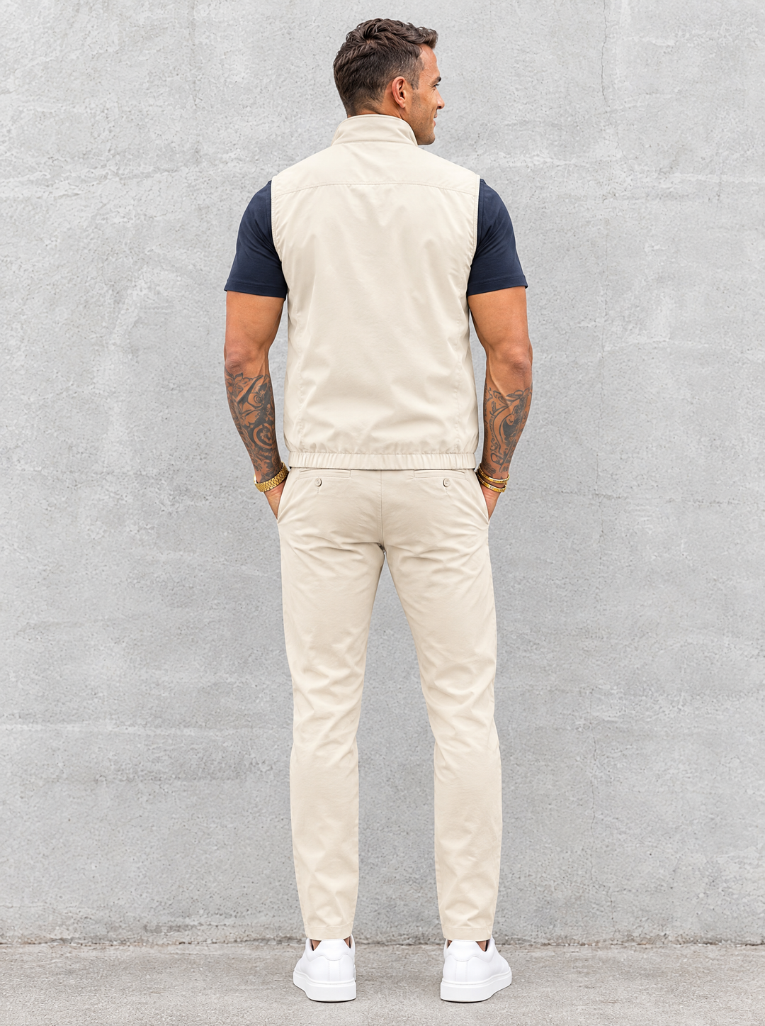 Massimo Gilet Set with T-Shirt - Navy Blue Top & Beige Pants