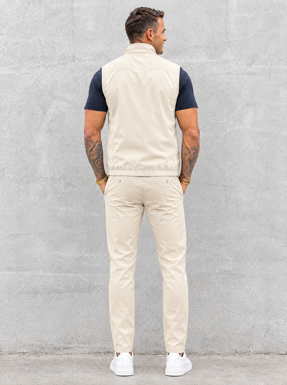 Massimo Gilet Set with T-Shirt - Navy Blue Top & Beige Pants