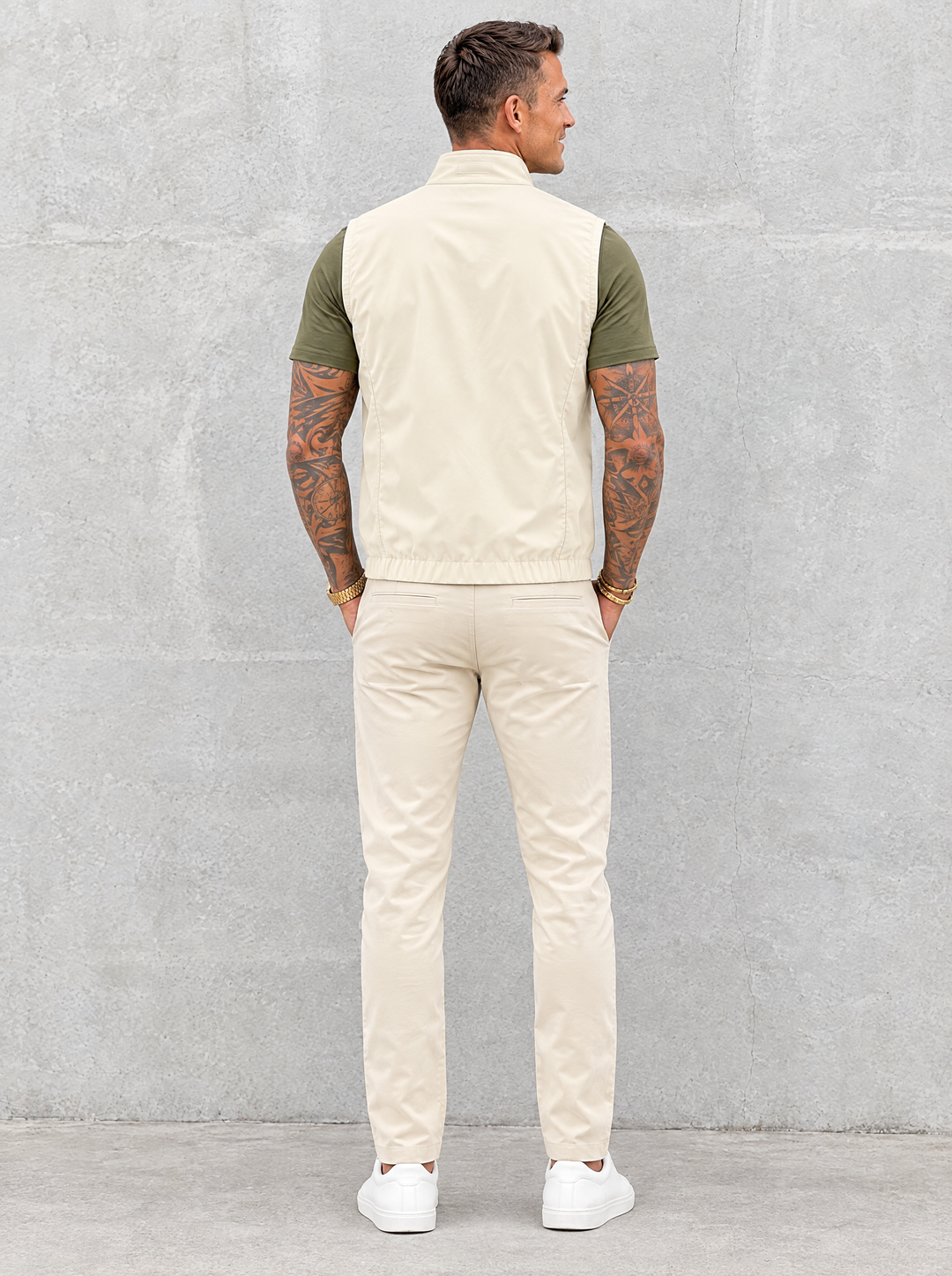 Massimo Gilet Set with T-Shirt - Olive Green Top & Beige Pants