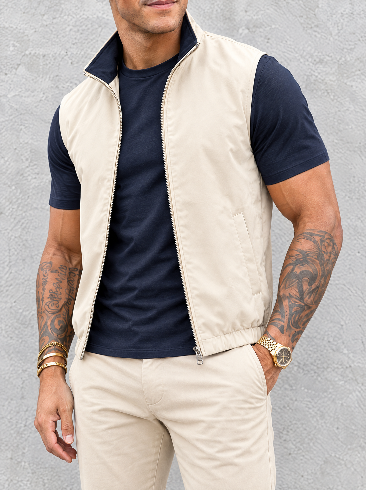 Massimo Gilet Set with T-Shirt - Navy Blue Top & Beige Pants