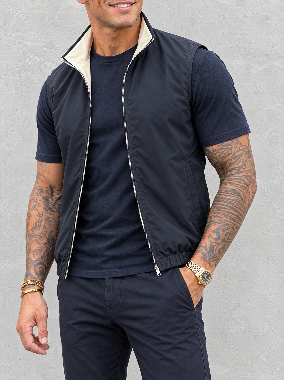 Massimo Gilet Set with T-Shirt - Navy Blue Top & Navy Blue Pants
