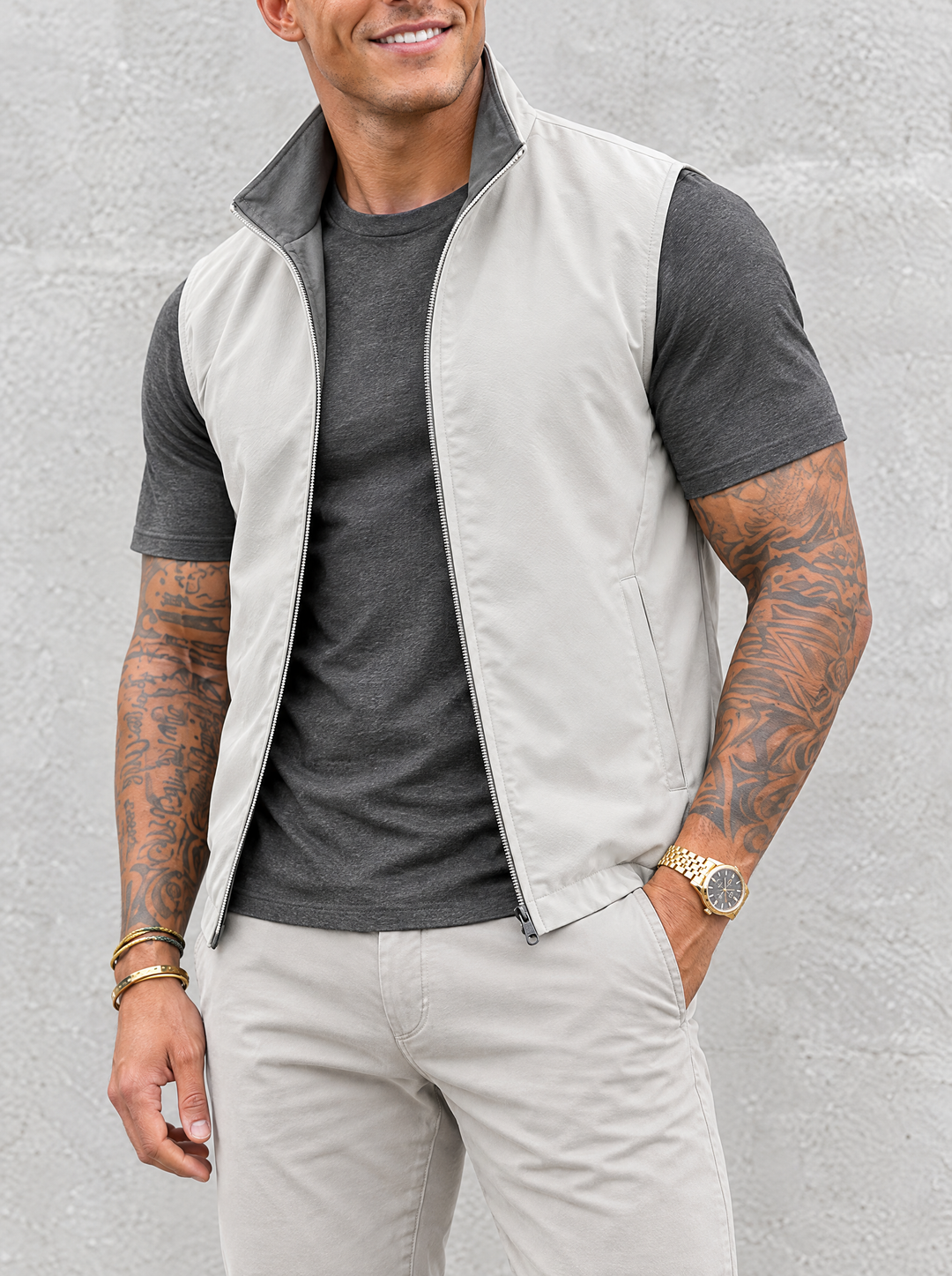 Massimo Gilet Set with T-Shirt - Dark Grey Top & Light Grey Pants