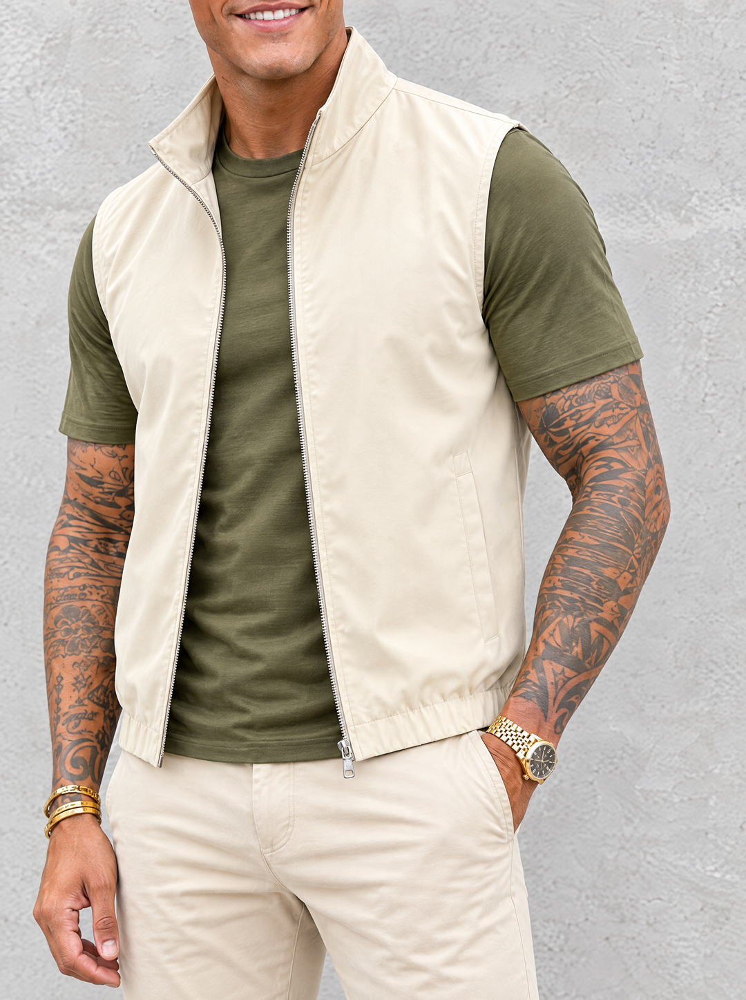 Massimo Gilet Set with T-Shirt - Olive Green Top & Beige Pants