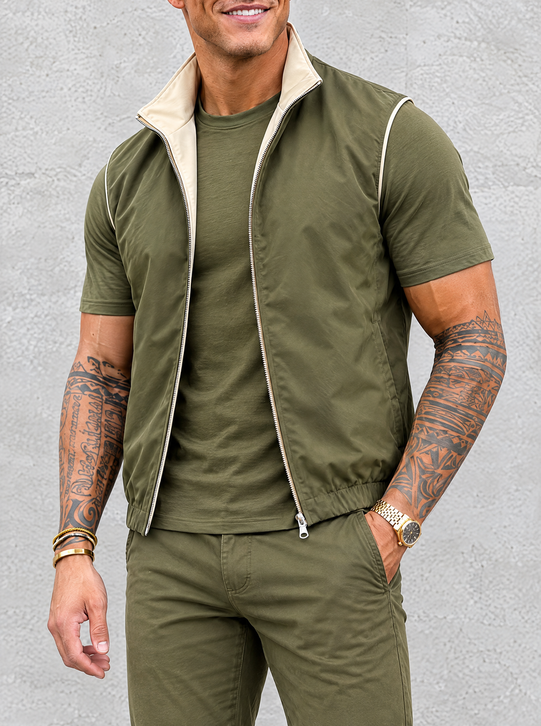 Massimo Gilet Set with T-Shirt - Olive Green Top & Olive Green Pants