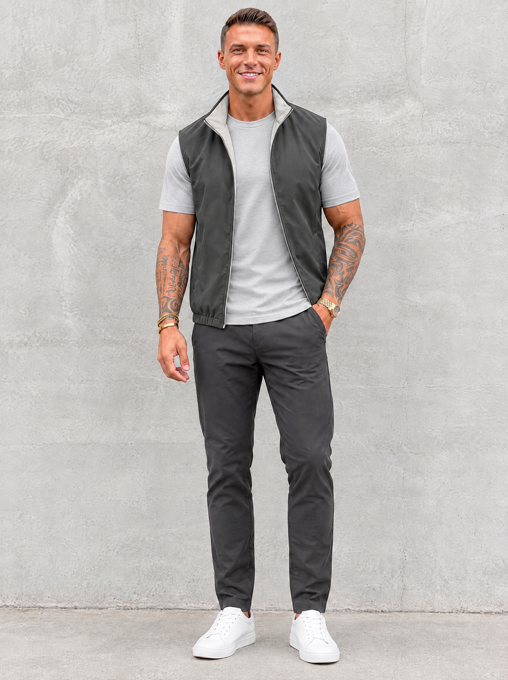 Massimo Gilet Set with T-Shirt - Light Grey Top & Dark Grey Pants