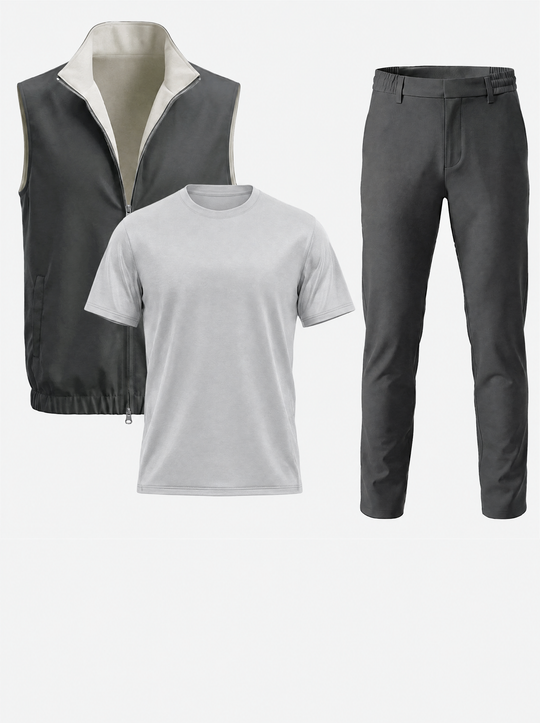 Massimo Gilet Set with T-Shirt - Light Grey Top & Dark Grey Pants