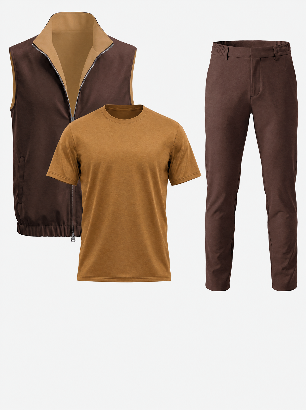 Massimo Gilet Set with T-Shirt - Brown Top & Brown Pants