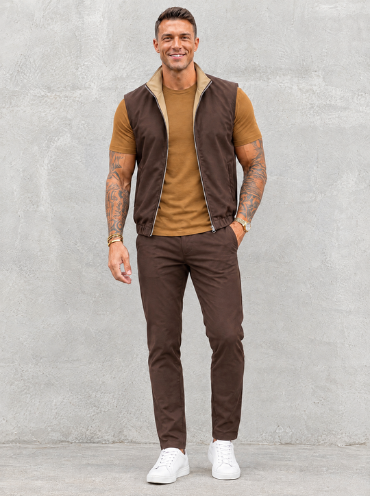 Massimo Gilet Set with T-Shirt - Brown Top & Brown Pants