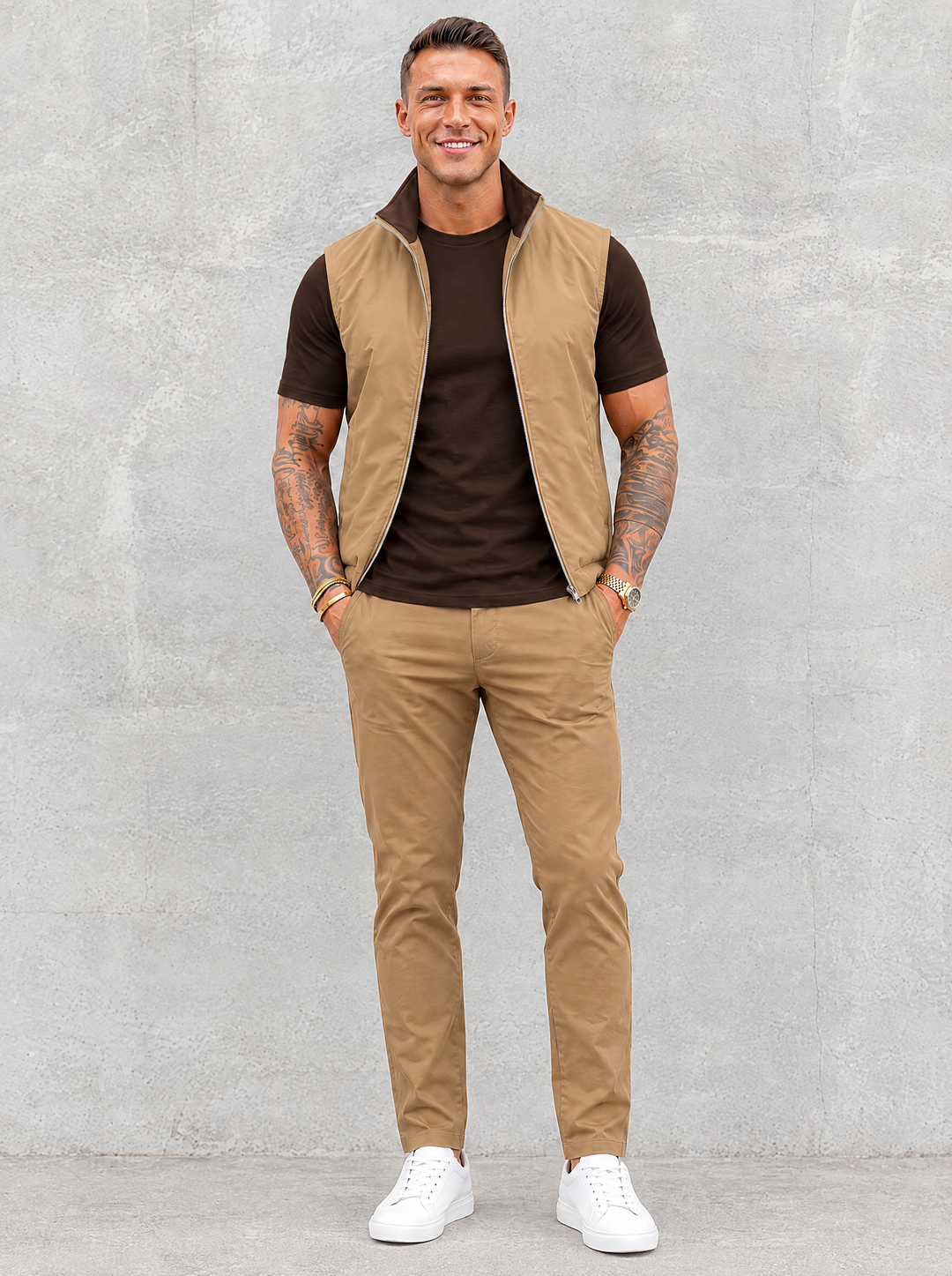 Massimo Gilet Set with T-Shirt - Dark Brown Top & Khaki Pants