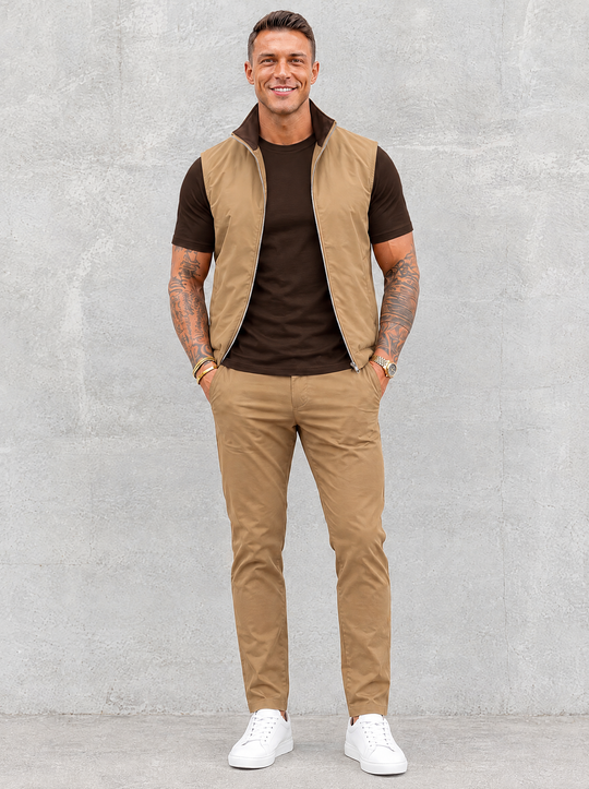 Massimo Gilet Set with T-Shirt - Dark Brown Top & Khaki Pants