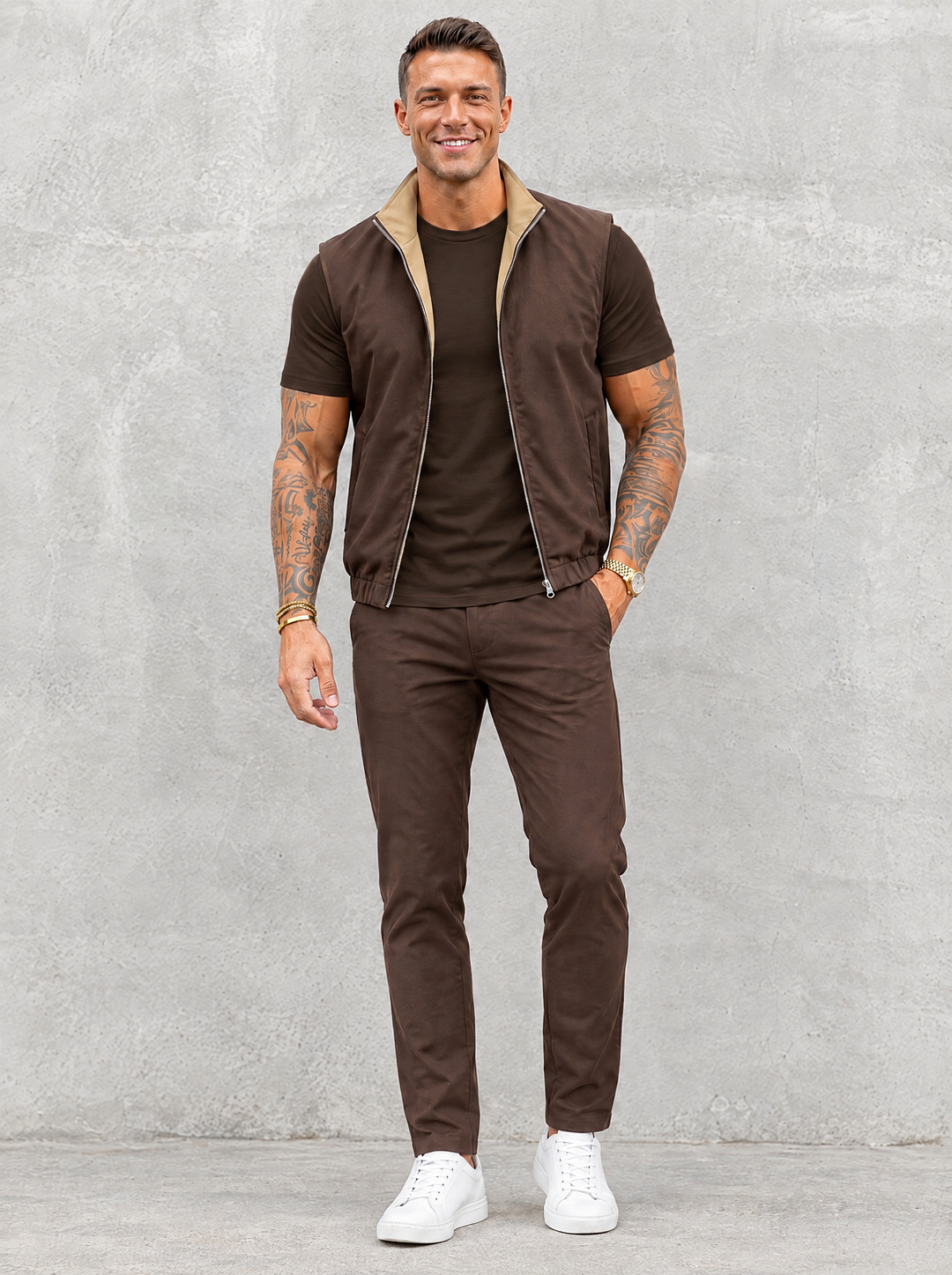 Massimo Gilet Set with T-Shirt - Dark Brown Top & Brown Pants