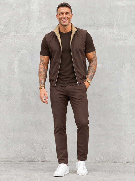 Massimo Gilet Set with T-Shirt - Dark Brown Top & Brown Pants