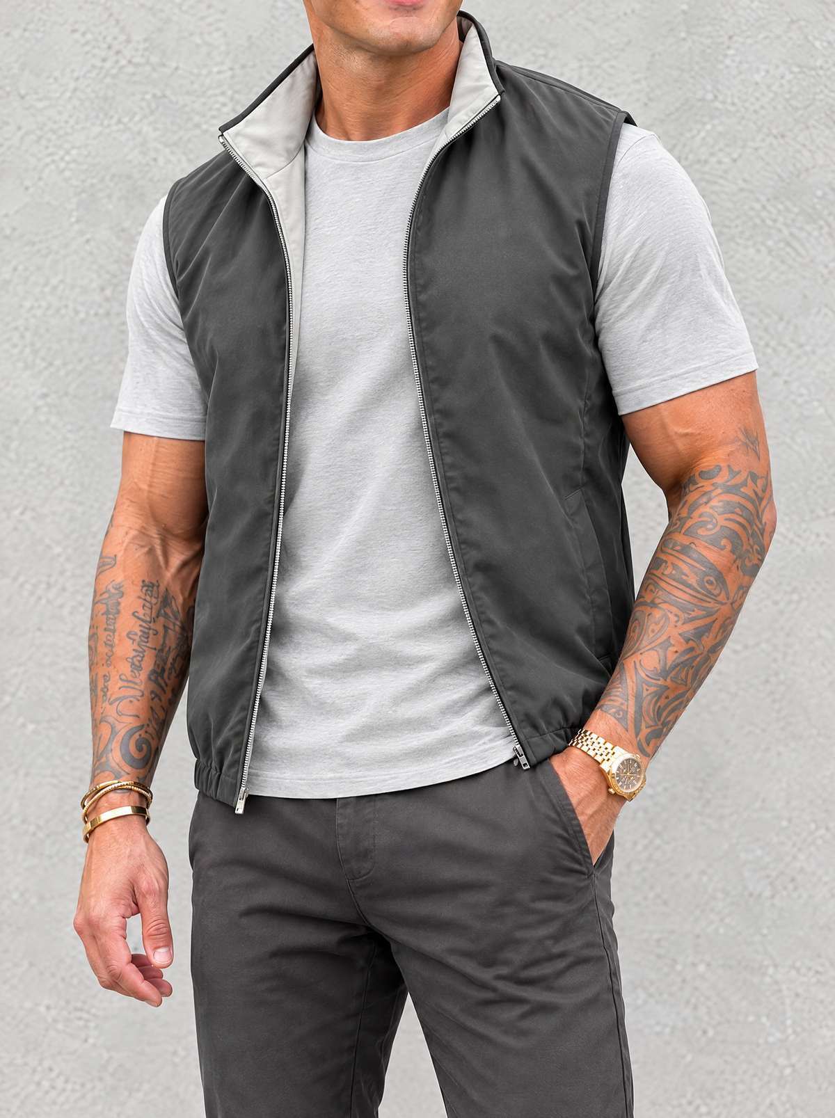 Massimo Gilet Set with T-Shirt - Light Grey Top & Dark Grey Pants