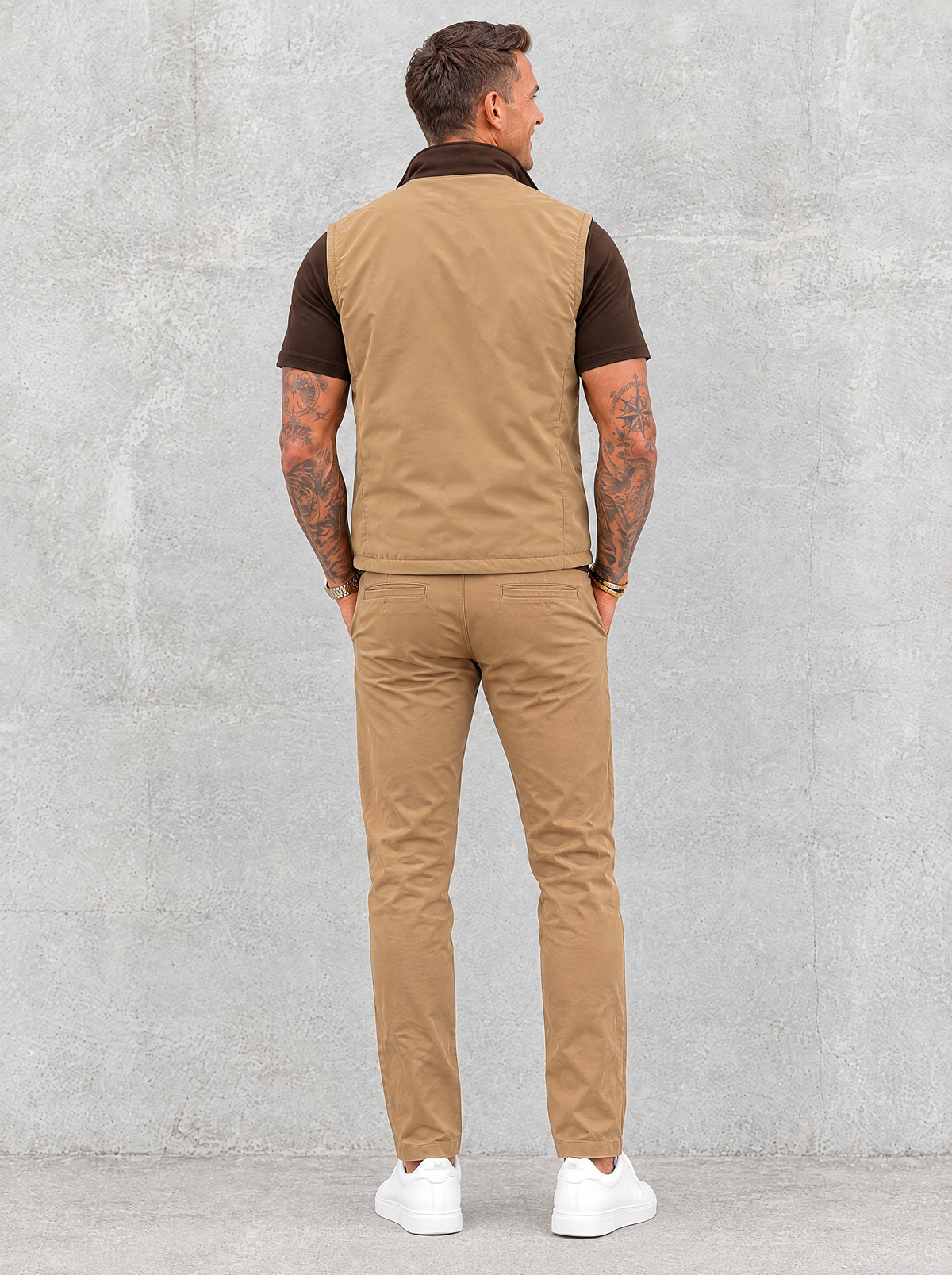 Massimo Gilet Set with T-Shirt - Dark Brown Top & Khaki Pants